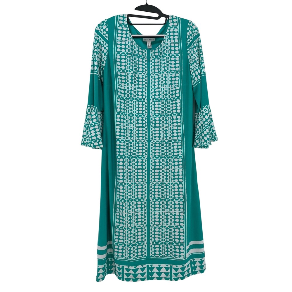 Susan Graver Liquid Knit Teal Geometric Bell Sleeve Midi Dress Green Small